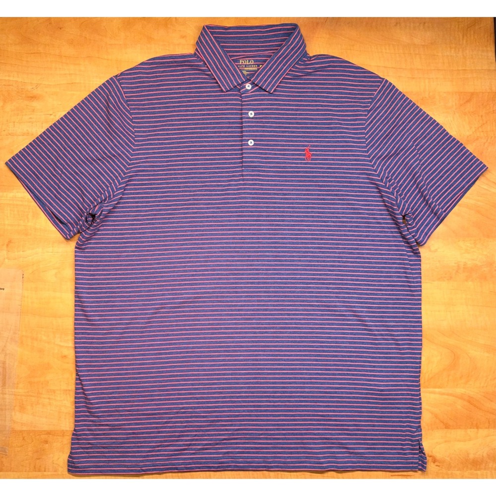 Polo Ralph Lauren Performance Mens XL Blue Red Striped Short Sleeve Polo Shirt